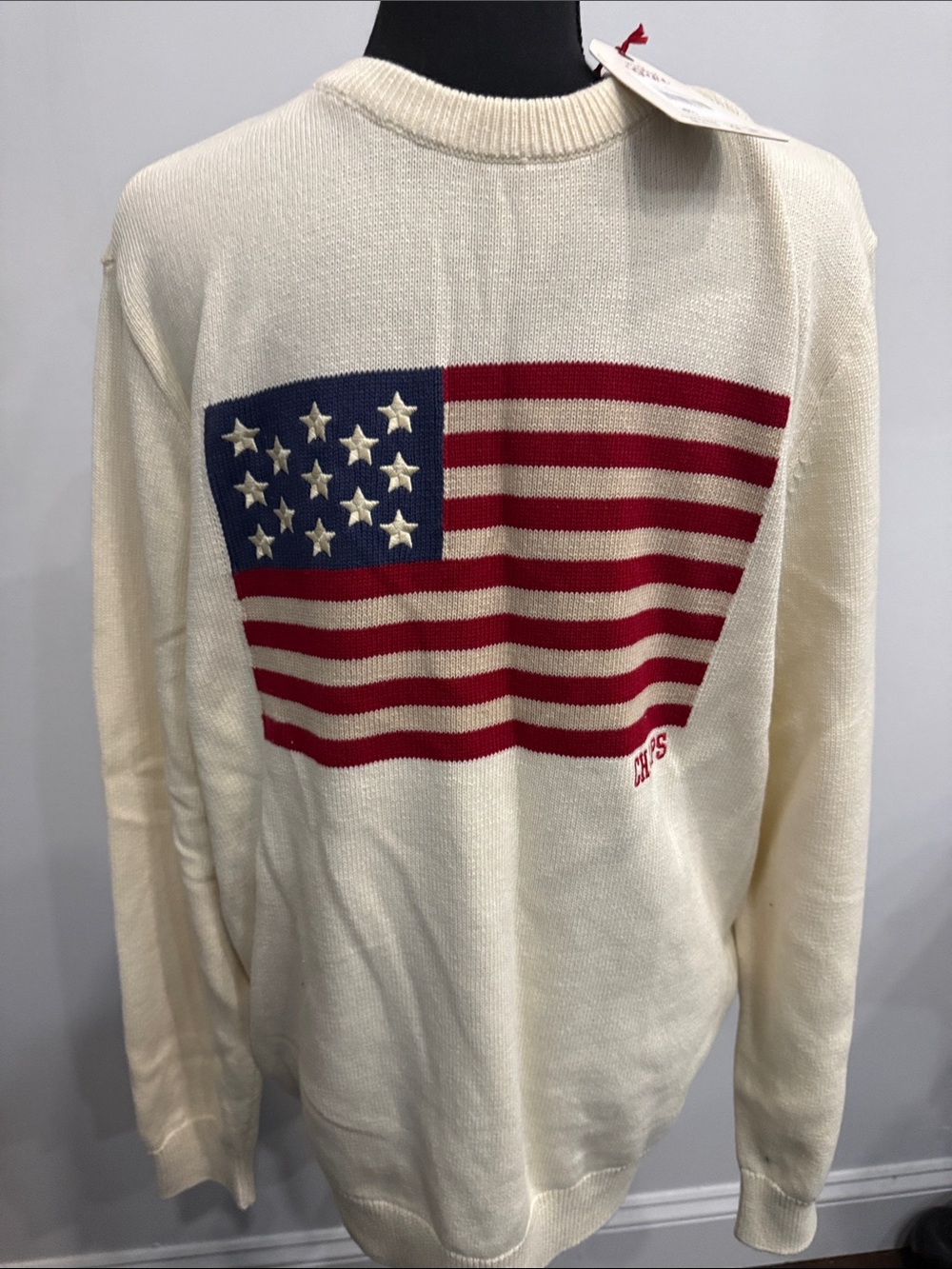 Chaps Cream Crewneck Sweater with Red and Blue Flag Motif